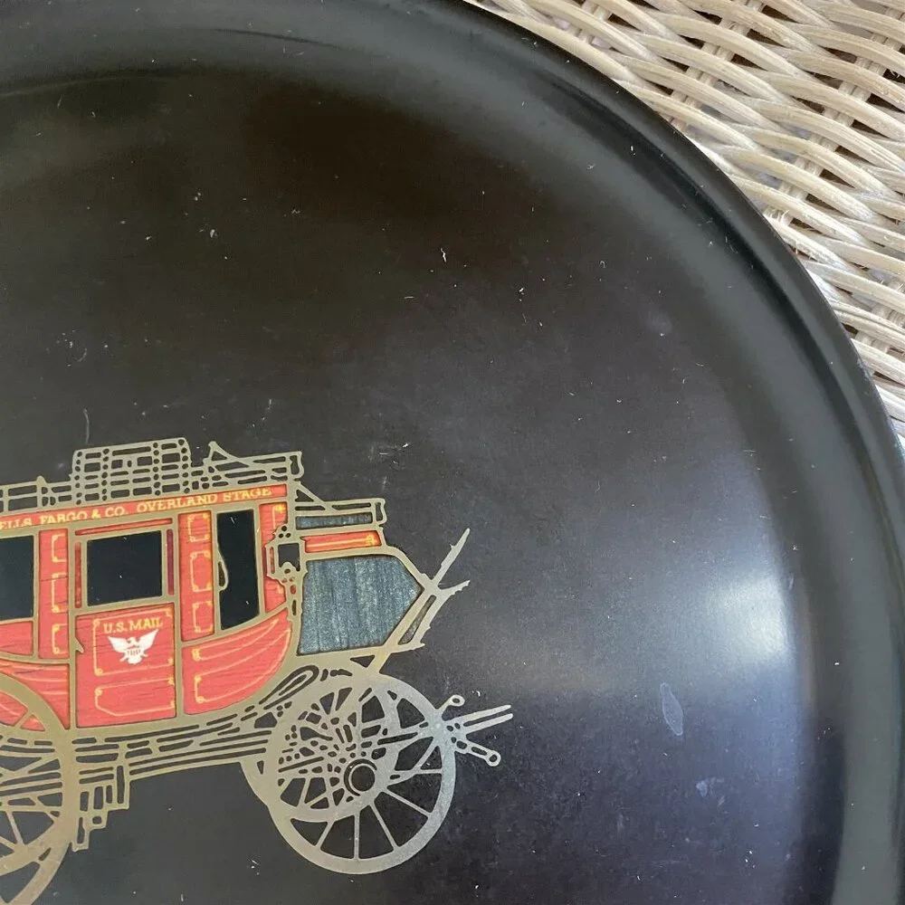 COUROC WELLS FARGO STAGECOACH TRAY PLATE VINTAGE WOOD AND BRASS INLAY